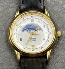 Vintage Timex Moon Phase Quartz Watch Gold Tone Black Leather Band NEW BATTERY