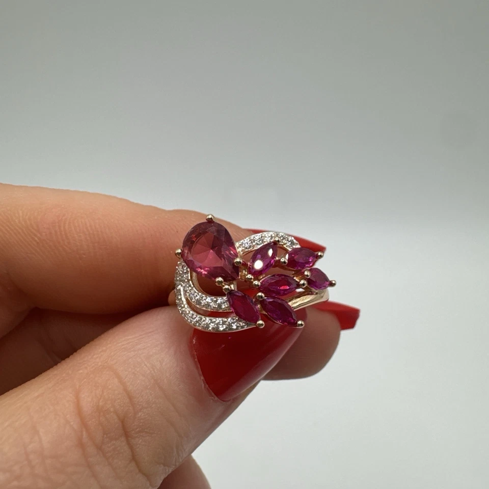 14CT Rolled Gold Pink Ruby Leaf Cluster Ring – Hallmarked 585RG – Size P½ UK — 第 2/4 张图片