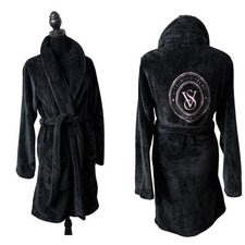 Victoria Secret Signature Black Plush Cozy Short Robe XS/S Embroidered Logo
