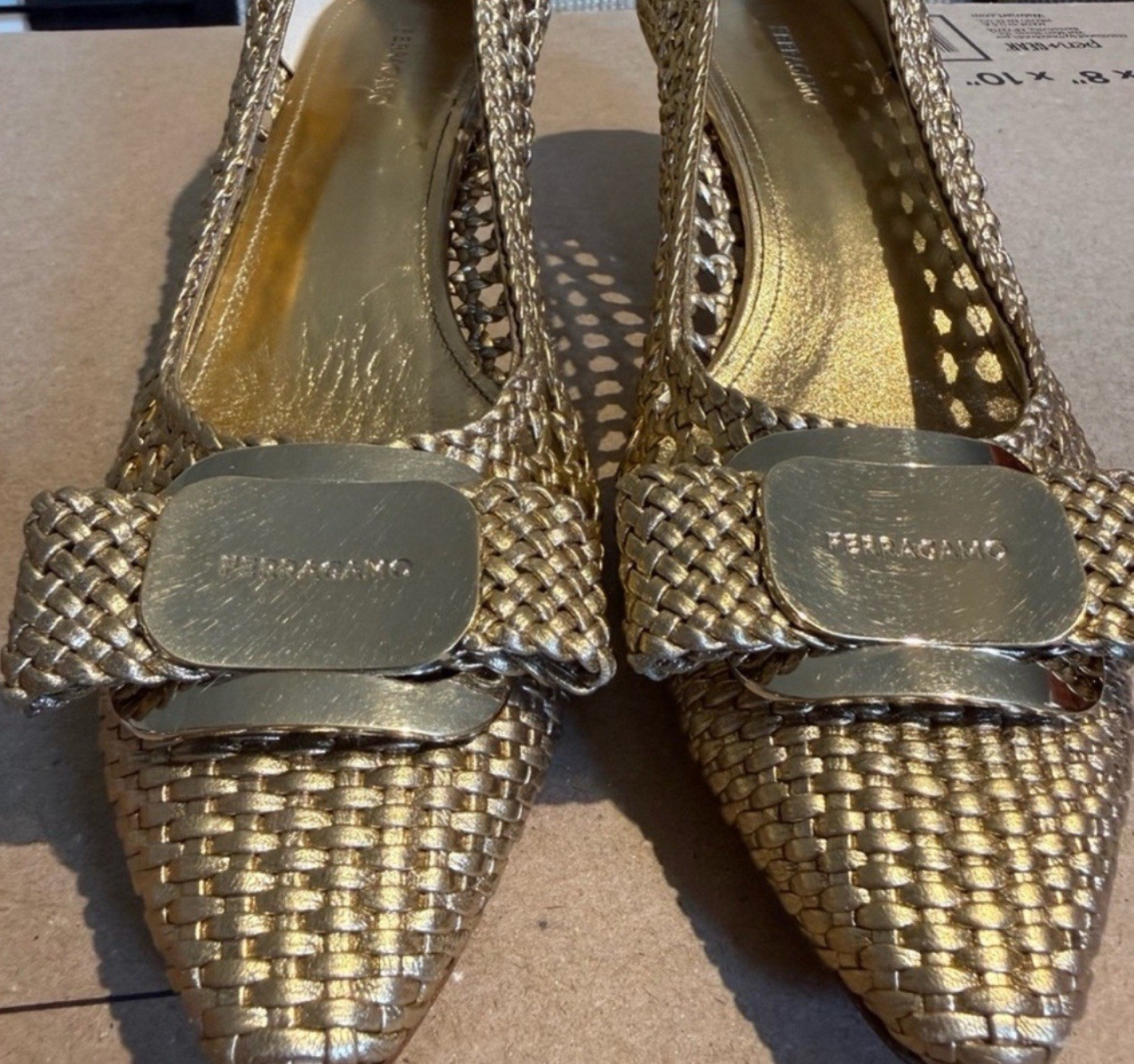 Ferragamo Gold Woven Kitten Heel 7.5 C Slip On Pumps Pointed Toe Logo