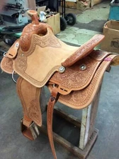 WILDRACE Western Natural Leather Hand Carve Roper Ranch Saddle 14" - 18"