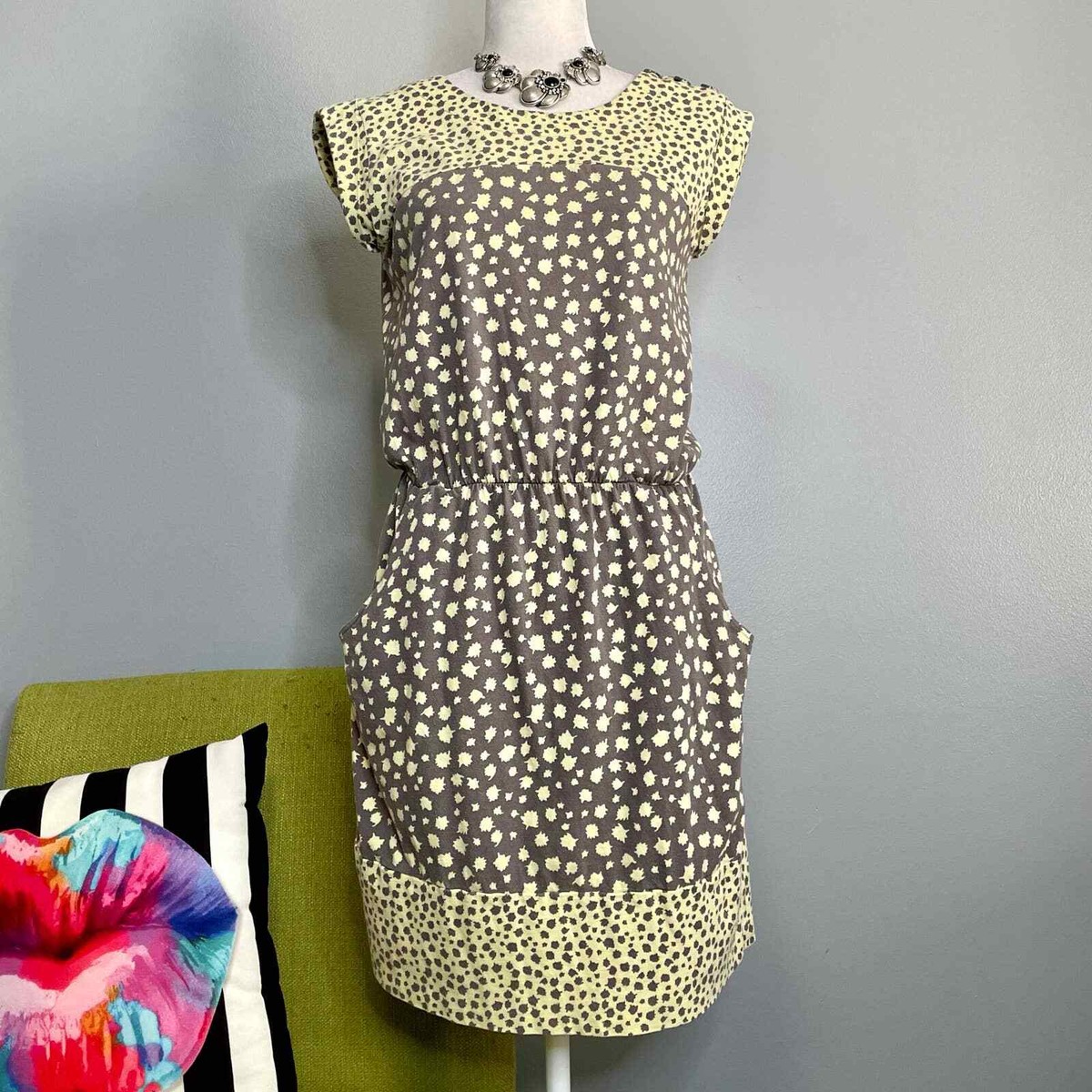 Boden Adelaide Yellow Gray Dot Cotton Modal Mini Dress 6 | eBay