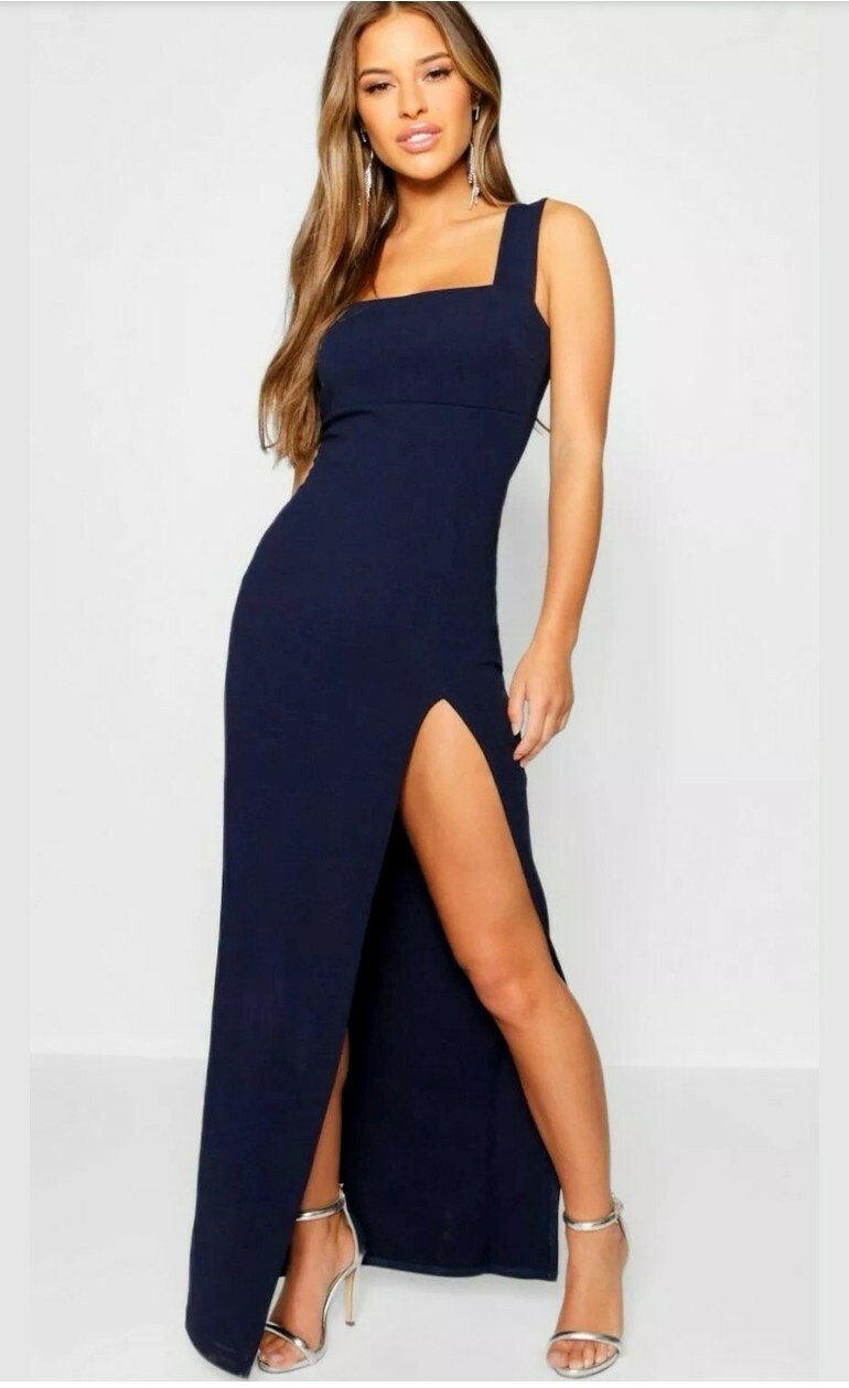 boohoo square neck maxi UK 8 - 10 womens dress petite navy side slit | eBay