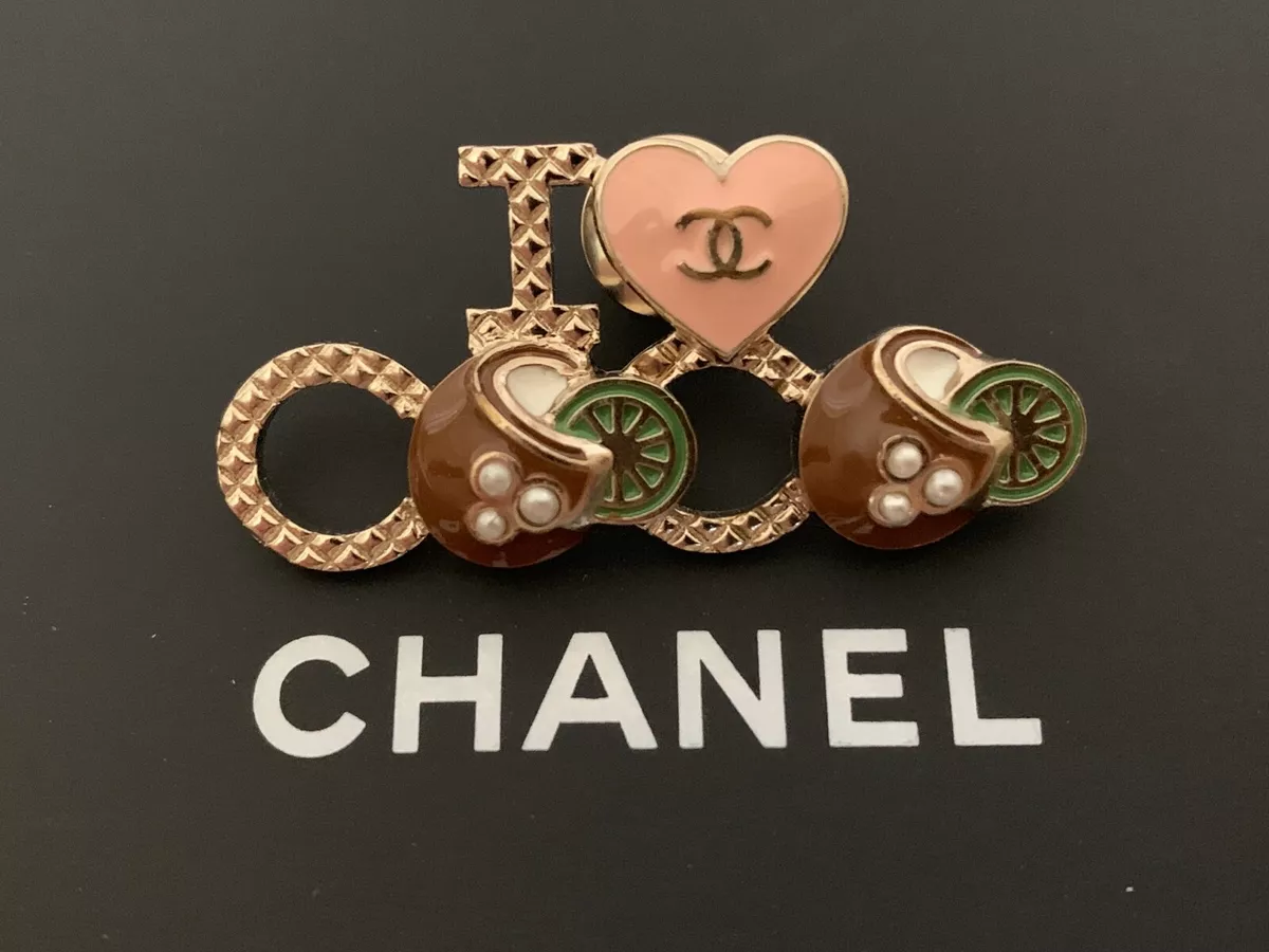 NIB Chanel Coco Cuba I Heart Coco Coconut Lime Pearl Logo Gold Tone Pin  Brooch