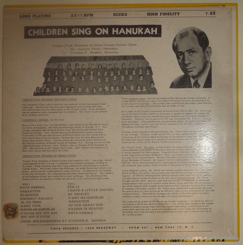 Kinder singen an Chanukka LP - Tempel B'nai Abraham von Essex County Schulchor - Bild 2 von 6