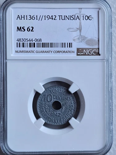 Tunisia 10 Cents AH 1361 1942 NGC MS 62