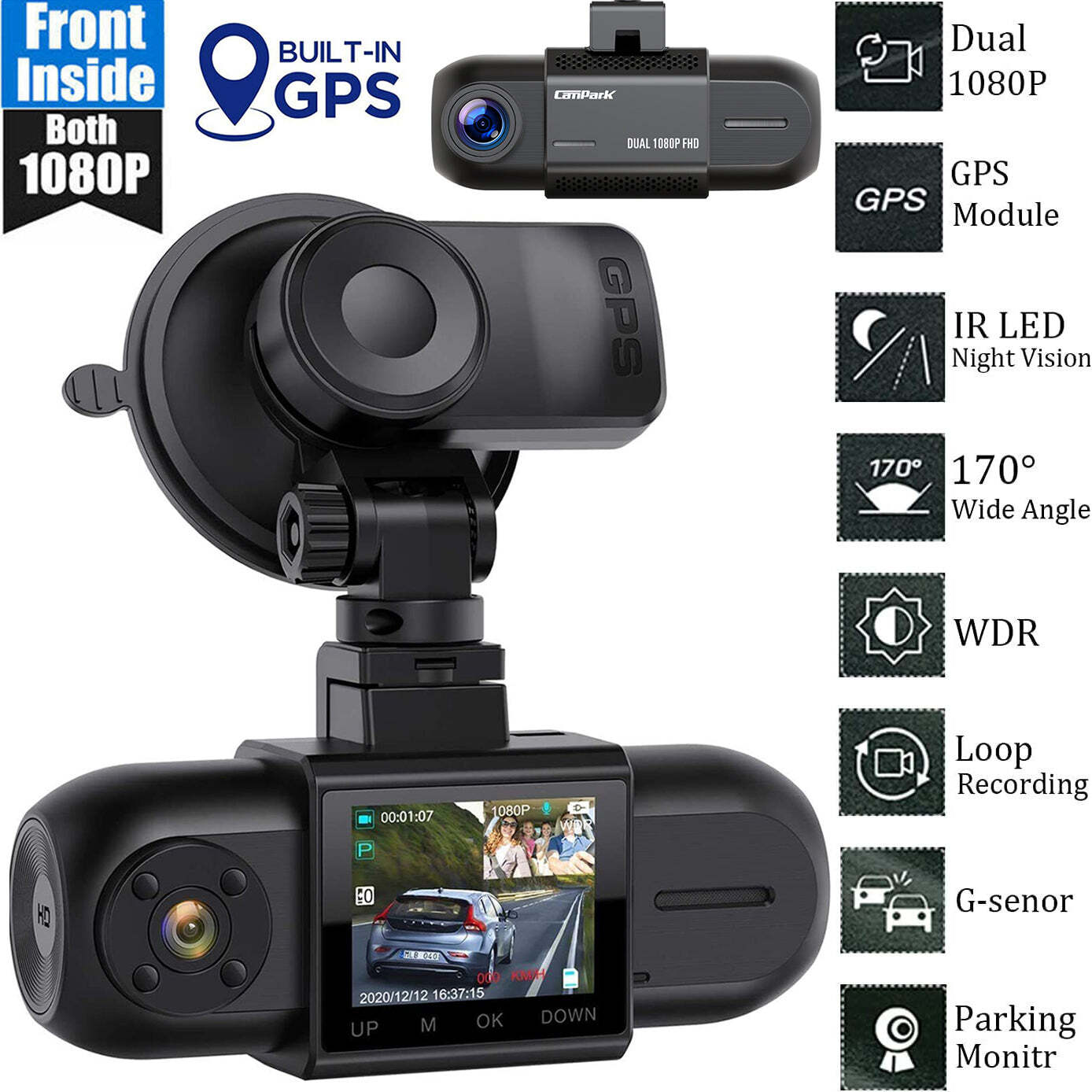 Campark 1080P GPS Dual Dash Cam with Night Vision and 4 IR LEDs