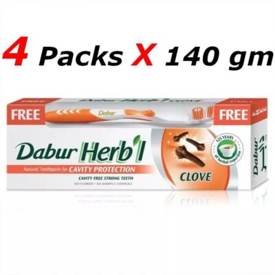 4 X Dabur Herbal Natural Clove Zahnpasta, Kariesschutz,Zahnbürste ohne Zahnpasta