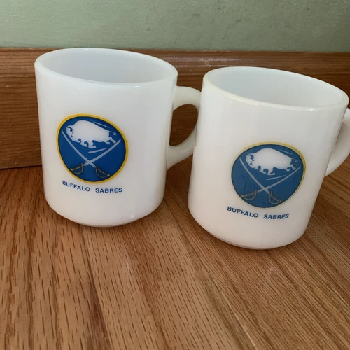 2-Vtg  Buffalo Sabres Hockey Milk Glass Coffee Mugs Cups 1972 NHL White Old Logo