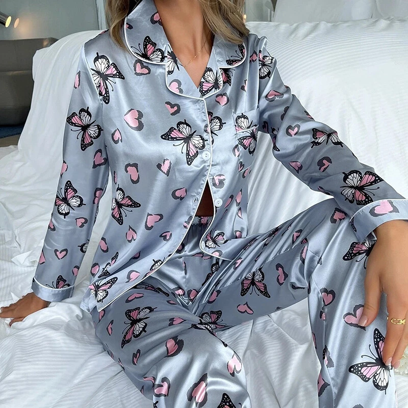 Women's Silk Pajamas Long Sleeve Sleepwear Satin Soft Button Down  Loungewear Pjs