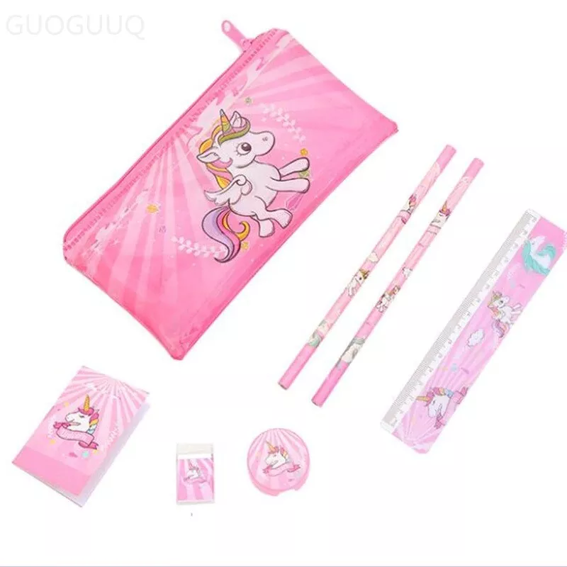 Unicorn Pencil Case Stationary Set Girls Unicorn Gift Set for Kids Eraser  Color Pen Pencils School Supplies in Pink Purple and Teal (Pink)