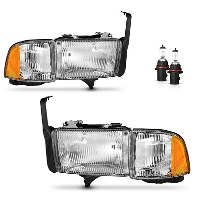 Chrome Headlights For 1994-2002 Dodge Ram 1500 2500 3500 with bulbs Left+Right