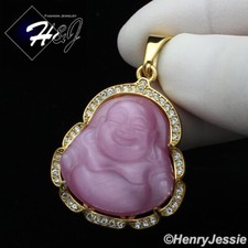 WOMEN Stainless Steel Brushed Pink Rhinestone Gold Plated Buddha Pendant GP117