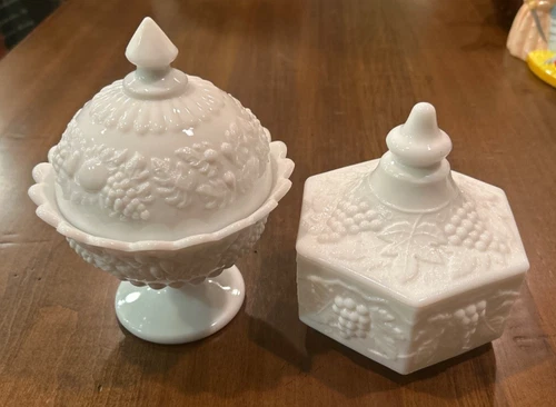 Vintage Grape Milk Glass Candy Dishes with Lids (lot of 2)