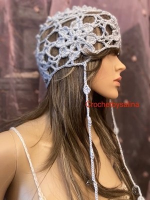 Lacy Crochet Hat Flower Lt Grey Coin Tassel Boho Chic Hippie 3 Crochetbysalina