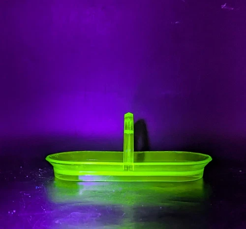 Vintage Green Depression Uranium Glass Oblong Tray Dish W Handle 9.5"  UV Glow