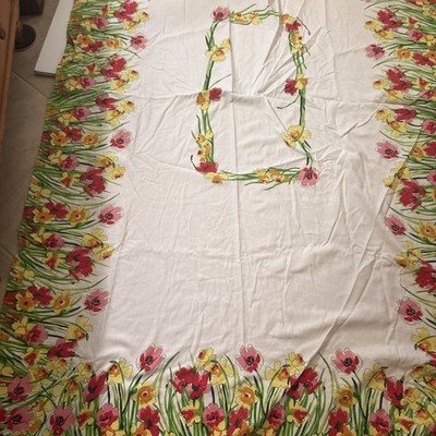Vtg Vera Neumann Floral Table Cloth 80  X 60  Daffodil Poppies Red Yellow  (B1
