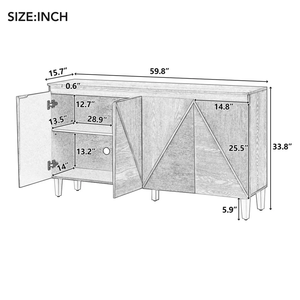 Armario Buffet Retro 60" Gris - Puertas Efecto 4 Dimensionales, Estantes Ajustables Foto 4 de 4