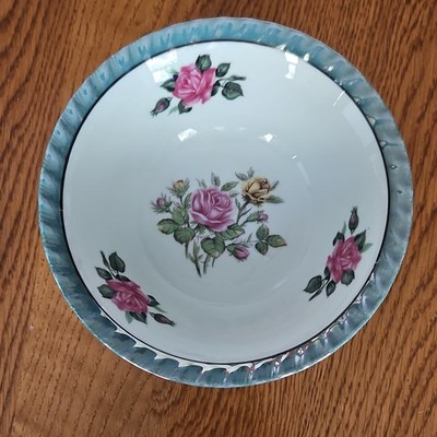 Yamatsu Japan Floral Rose Soup Bowl White with Blue Rim, Japanese Culture