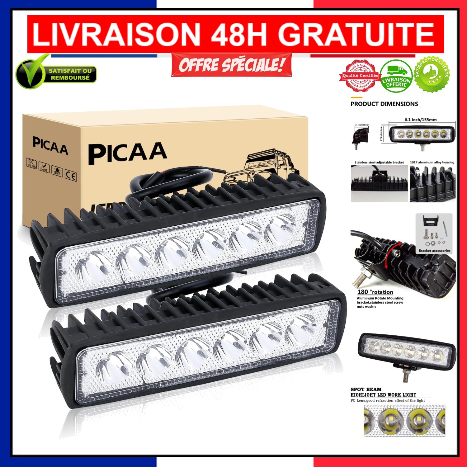 Phare LED 24V 12V 18W Idéal pour Sortie Camouflage et Bivouac