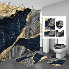 4 Pcs Marble Shower Curtain Set with Non-Slip Rugs, Toilet Lid Cover and Navy