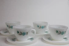 VTG Anchor Hocking Fire-King Boutonniere Milk Glass Cups Saucers 4 Sets 8 Pieces