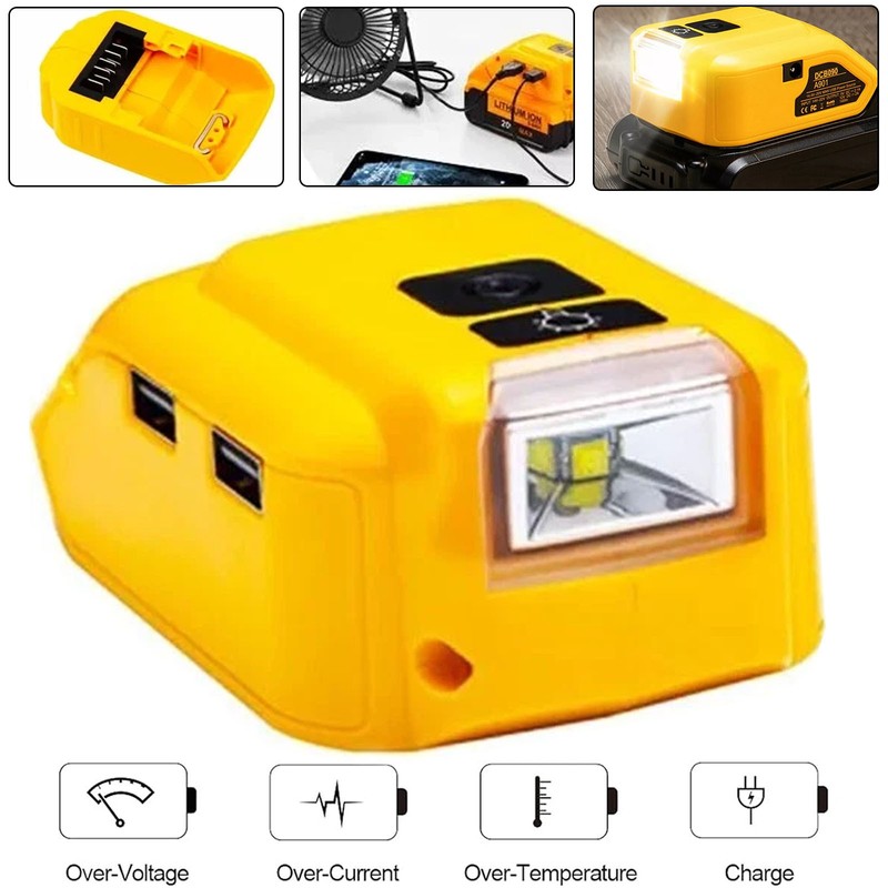 Dual USB Adapter Charger Power Supply for Dewalt 14.4V-20V Li-ion Battery w/ LED