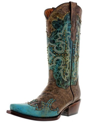 Womens Turquoise Cowboy Boots Leather Western Dress Studded Snip Toe Botas Mujer