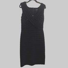 ADRIANNA PAPELL Black Beaded LBD Sleeveless Ruffle Formal Bodycon Dress Sz 14