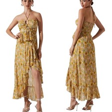 ASTR the Label Maxi Dress Womens XS Yellow Floral Halter Boho Tier Ruffle Flirty