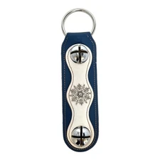Snowflake Charm Blue White Natural Leather Sleigh Bell Door Hanger Made in USA