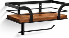 Wood Toilet Paper Holder with Shelf Rustic Farmhouse Wall Mount Brown
