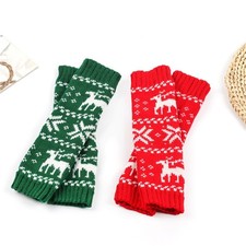 Women's Red/Green Reindeer Ribbed Knit Fingerless Gloves for Christmas Winter
