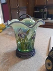 New ListingFenton Designer Showcase Series Green Opal Glass Vase w/ Purple Iris Signed