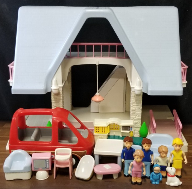 Vintage Little Tikes Large Blue Roof Doll House With Accessories