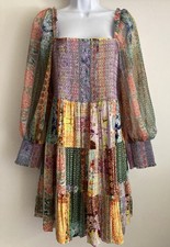 Alice + Olivia Rowen Tiered Babydoll Patchwork Mini Dress, Sz S/M?