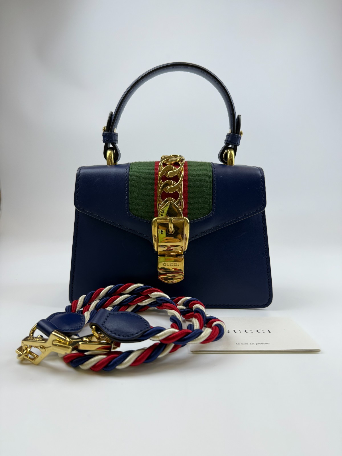 Gucci Sylvie Mini Navy Leather Top Handle Bag Gold Hardware Web Stripe