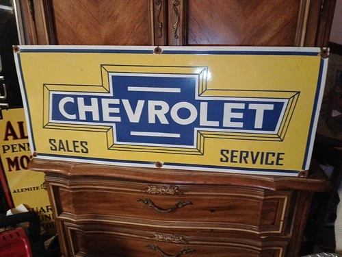 LARGE RARE VINTAGE CHEVROLET AUTO DEALER SALES SERVICE 3FT PORCELAIN ENAMEL SIGN