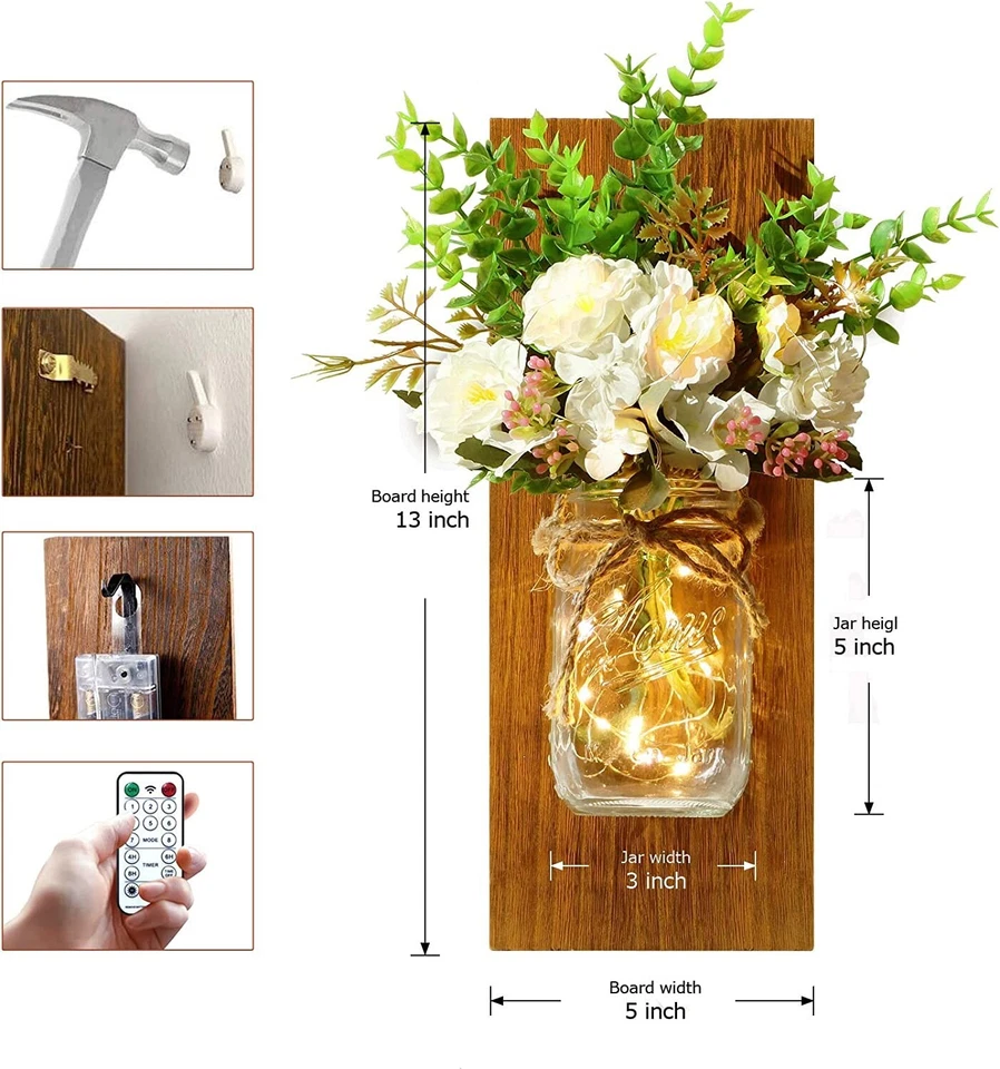 Rustic Decor Living Room Mason Jars Fairy Lights w/Artificial Flowers Set of 2 - Image 3 of 4