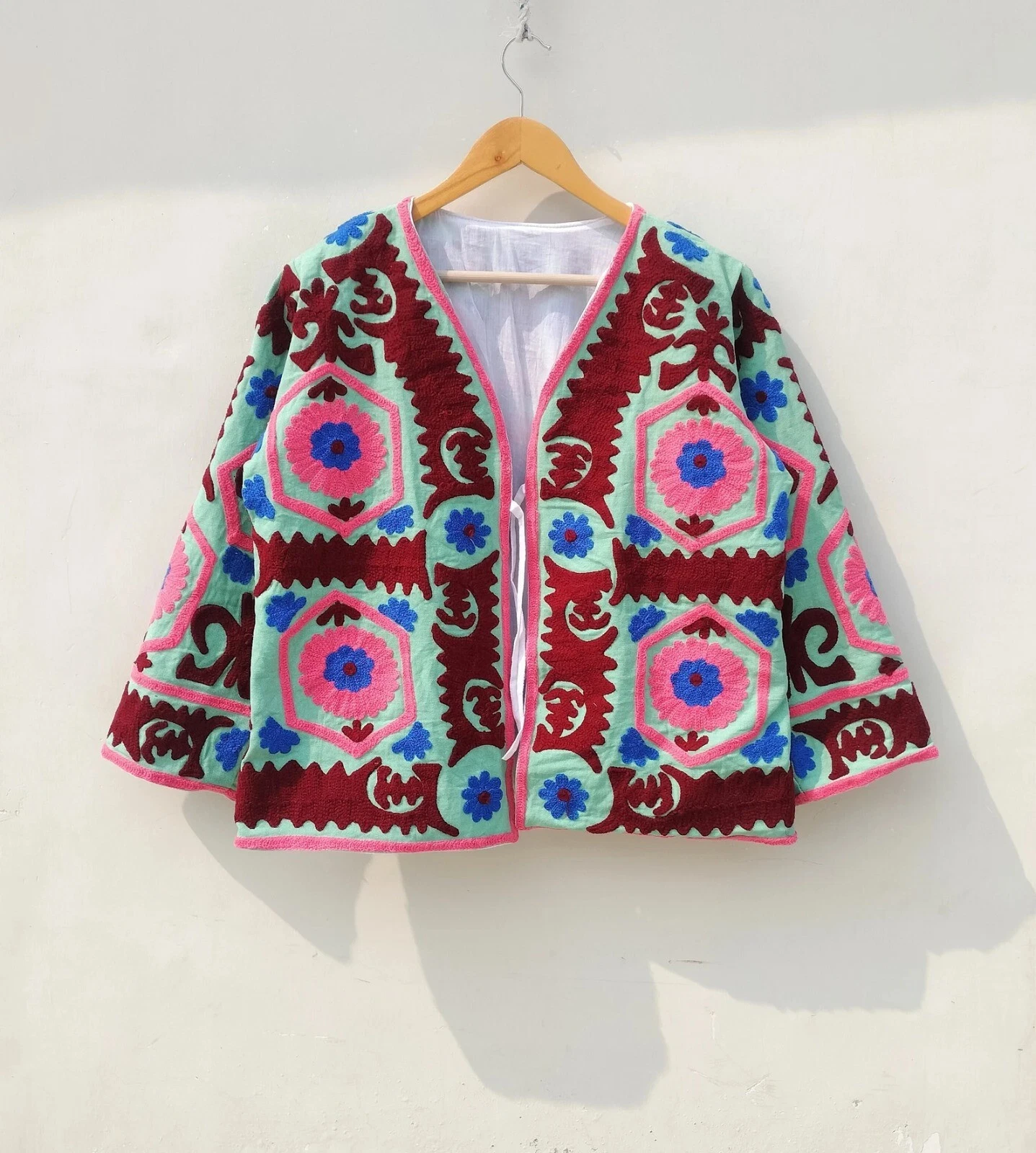 Indian Handmade Green Suzani Floral Cotton Unisex Jacket Womens Clothing Jacket