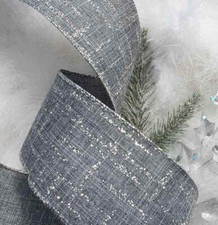 1m x 63mm Grey & Silver Glitter parkle Wired Christmas Ribbon TREE BOW GIFT