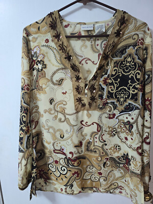 Women's Sz M White Stag Button Front Sheer Top Paisley Multi-Color  EUC