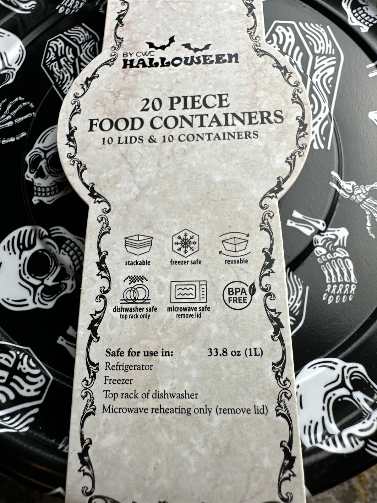 CWC Halloween Food Storage 33.8 oz. Containers & Lids with Skulls Set