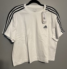 Adidas XL Black  White Print Crop T-shirt Essentials Cotton Workout Shirt New
