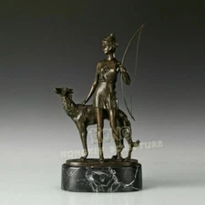 17'' Art Deco Sculpture Woman Goddess Of Hunter Arch WIth Hound Bronze Statue