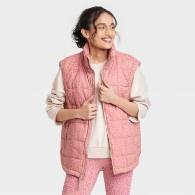 Women's Quilted Puffer Vest - JoyLab Pink Leopard L