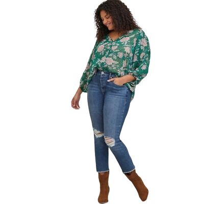 Torrid Women s Chiffon Lurex Floral Print Plus Size 3X Button-Up Green Light