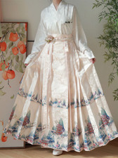 2pcs Set Hanfu Horse Face Skirt Modern Beige ShirtSkirt Chinese Horse Face Skirt