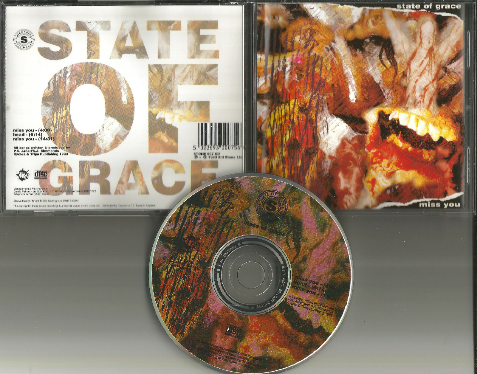STATE OF GRACE Miss You 3TRX w Unreleased Tracks 1993 Limited USA CD Single Mint Condition