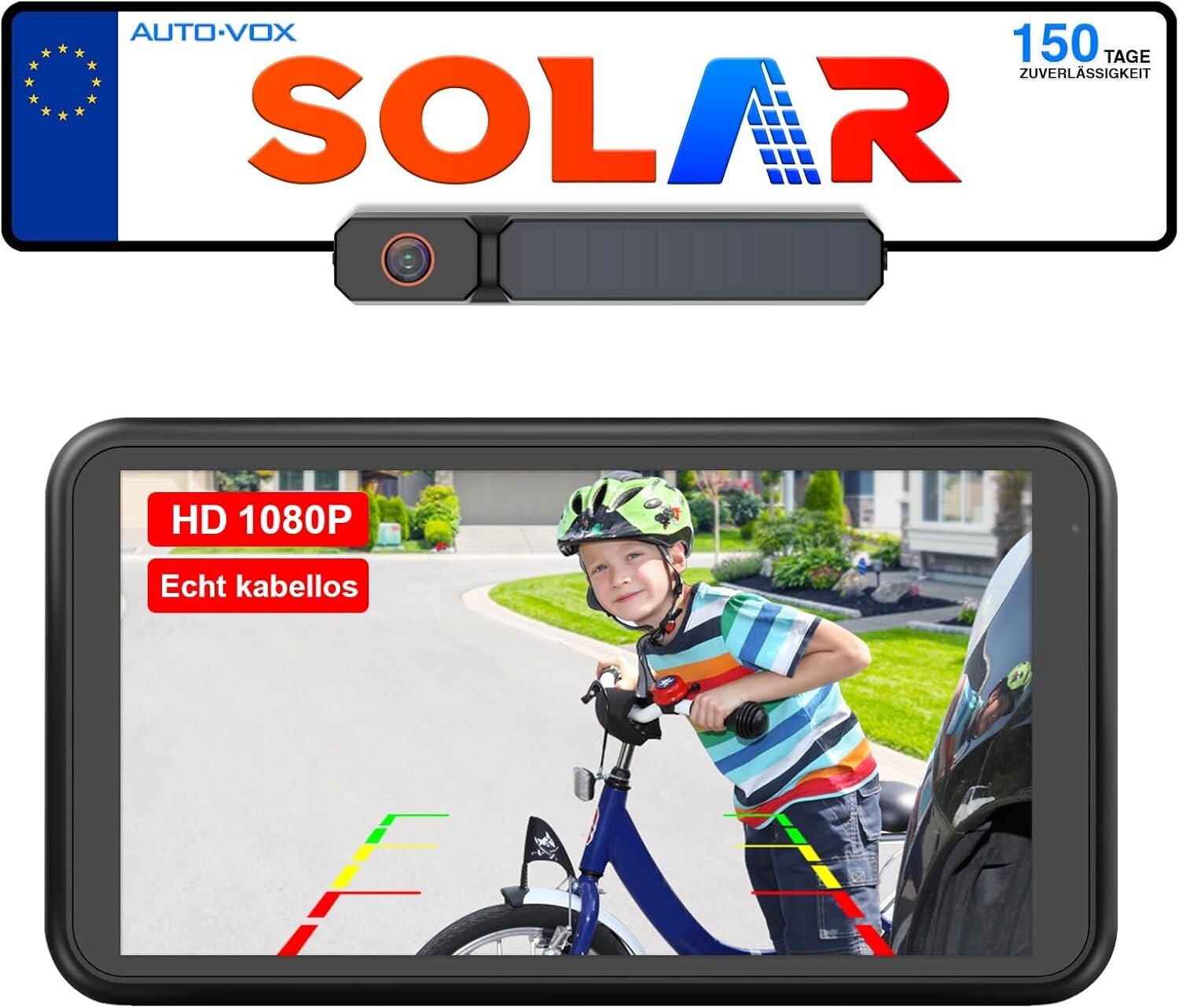 Caméra de recul sans fil solaire 1080P avec moniteur 5 pouces HD et batterie 5000mAh intégrée